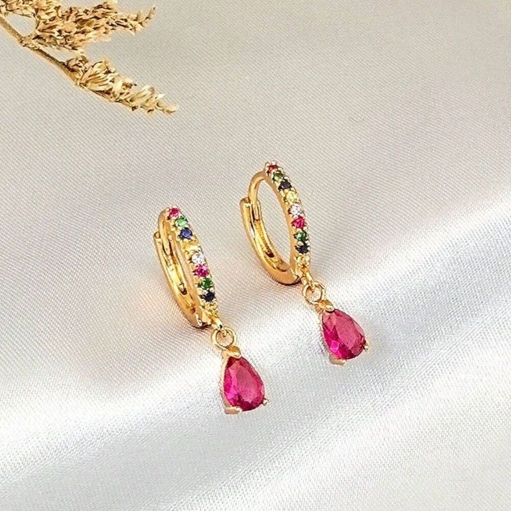 Red Zirconia Teardrop Crystal Drop Hoop Earrings Gold Dangle Gemstone Pendant